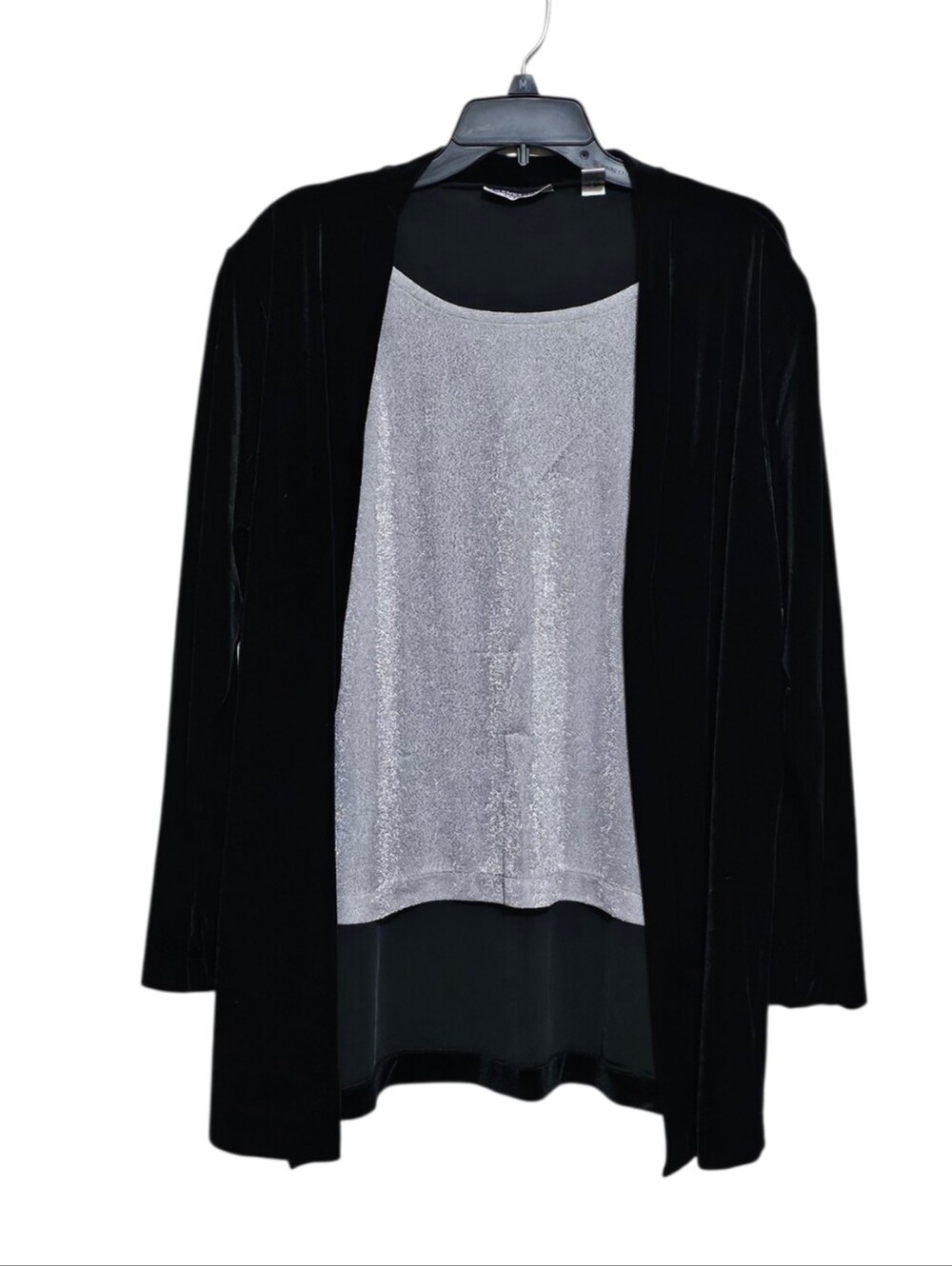 Amanda Smith Women Black Cardigan and Gray Shirt Attached Set Open Front Size 10